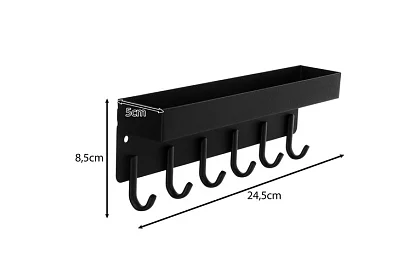 Nástěnná magnetická police s věšáky – 6 háčků
