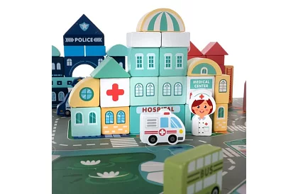 Dřevěné kostky město 100 ks s podložkou a třidičem tvarů