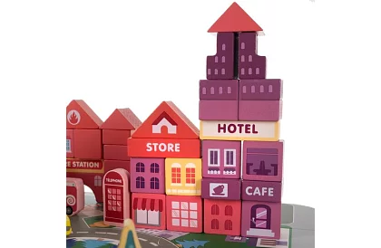 Dřevěné kostky město 100 ks s podložkou a třidičem tvarů