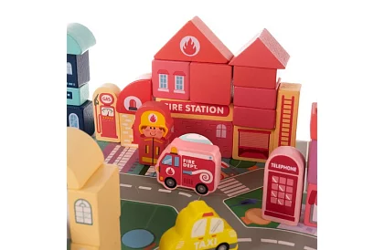 Dřevěné kostky město 100 ks s podložkou a třidičem tvarů