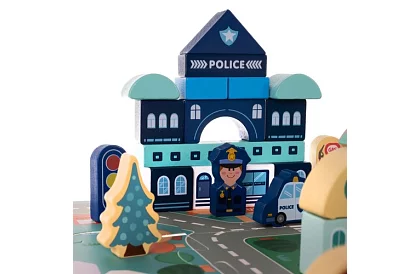 Dřevěné kostky město 100 ks s podložkou a třidičem tvarů