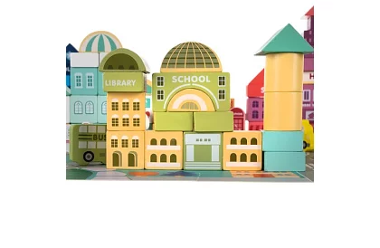 Dřevěné kostky město 100 ks s podložkou a třidičem tvarů