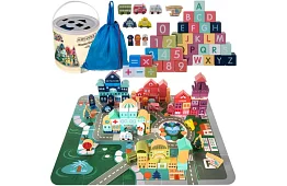 Dřevěné kostky město 100 ks s podložkou a třidičem tvarů