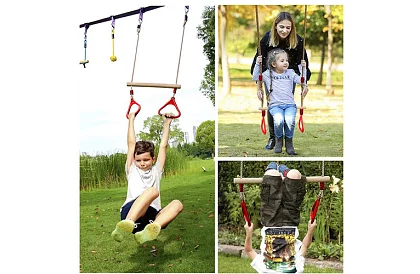 Dětská závěsná houpačka s hrazdou na lanech – 2v1