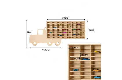 Kamión dřevěná polička – organizér na autíčka – 80 přihrádek