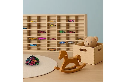 Kamión dřevěná polička – organizér na autíčka – 80 přihrádek