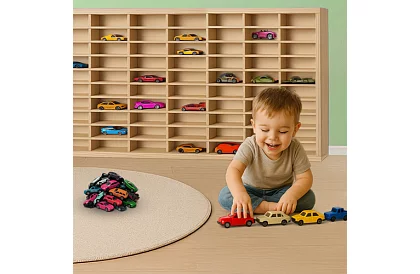 Kamión dřevěná polička – organizér na autíčka – 80 přihrádek