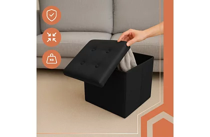 Skládací taburet s úložným prostorem – puf černý