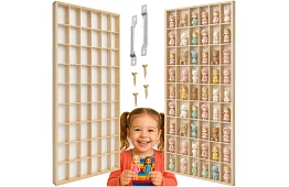 Dřevěná polička pro sběratele na figurky, autíčka – 54 přihrádek