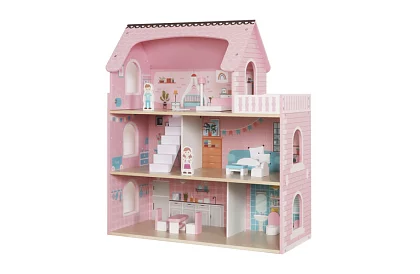 Dřevěný domeček pro panenky s LED osvětlením + nábytek a doplňky