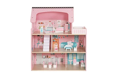 Dřevěný domeček pro panenky s LED osvětlením + nábytek a doplňky