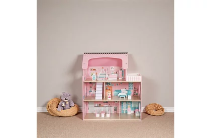 Dřevěný domeček pro panenky s LED osvětlením + nábytek a doplňky