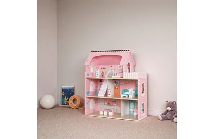 Dřevěný domeček pro panenky s LED osvětlením + nábytek a doplňky