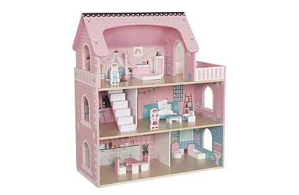 Dřevěný domeček pro panenky s LED osvětlením + nábytek a doplňky