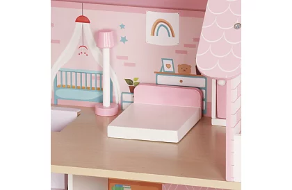 Dřevěný domeček pro panenky s LED osvětlením + nábytek a doplňky