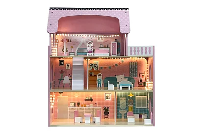 Dřevěný domeček pro panenky s LED osvětlením + nábytek a doplňky