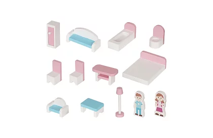 Dřevěný domeček pro panenky s LED osvětlením + nábytek a doplňky