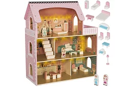 Dřevěný domeček pro panenky s LED osvětlením + nábytek a doplňky