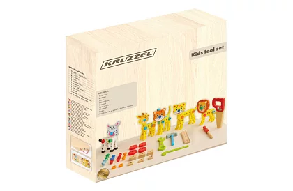 Dřevěná bedna s nářadím a zvířátky - šroubovací prvky