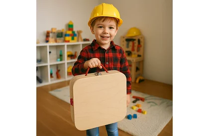 Dřevěná bedna s nářadím a zvířátky - šroubovací prvky