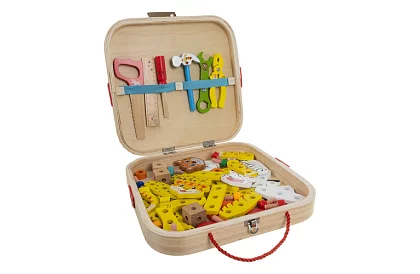 Dřevěná bedna s nářadím a zvířátky - šroubovací prvky