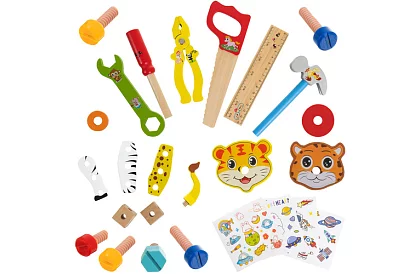 Dřevěná bedna s nářadím a zvířátky - šroubovací prvky