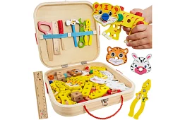 Dřevěná bedna s nářadím a zvířátky - šroubovací prvky