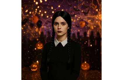 Dlouhá černá paruka s copánky - Wednesday