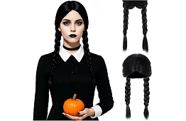 Dlouhá černá paruka s copánky - Wednesday