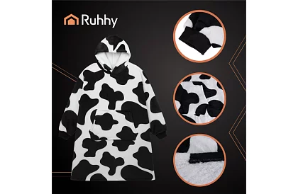 Oversize teplá dlouhá mikina – černobílý cow design