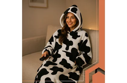 Oversize teplá dlouhá mikina – černobílý cow design