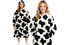Oversize teplá dlouhá mikina – černobílý cow design
