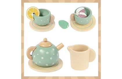 Velká dřevěná zelená čajová souprava + stojan na dorty