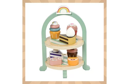 Velká dřevěná zelená čajová souprava + stojan na dorty