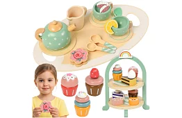 Velká dřevěná zelená čajová souprava + stojan na dorty