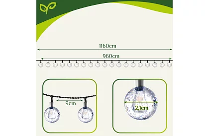 Dekorativní venkovní solární řetěz Balls – 10 metrů, teplá bílá