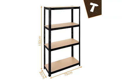 Skladový černý kovový regál, 4 police - 150x75x30 cm