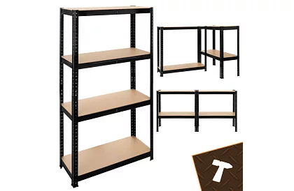 Skladový černý kovový regál, 4 police - 150x75x30 cm