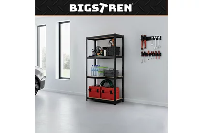 Skladový černý kovový regál, 4 police - 150x75x30 cm