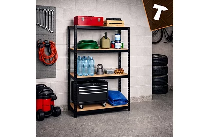 Skladový černý kovový regál, 4 police - 150x75x30 cm