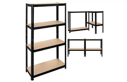 Skladový černý kovový regál, 4 police - 150x75x30 cm