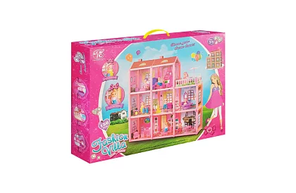 Třípatrový domeček pro panenky s balkonem + panenka + 22 kusů nábytku