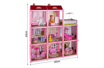 Třípatrový domeček pro panenky s balkonem + panenka + 22 kusů nábytku