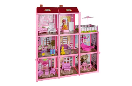 Třípatrový domeček pro panenky s balkonem + panenka + 22 kusů nábytku