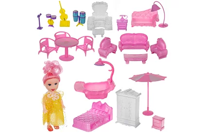 Třípatrový domeček pro panenky s balkonem + panenka + 22 kusů nábytku