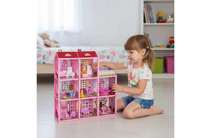 Třípatrový domeček pro panenky s balkonem + panenka + 22 kusů nábytku
