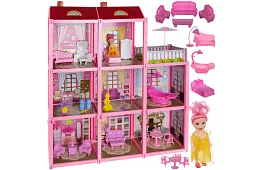 Třípatrový domeček pro panenky s balkonem + panenka + 22 kusů nábytku