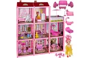 Třípatrový domeček pro panenky s balkonem + panenka + 22 kusů nábytku