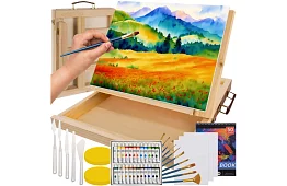 Umělecká malířská sada 45 kusů v dřevěném pouzdru se stojanem