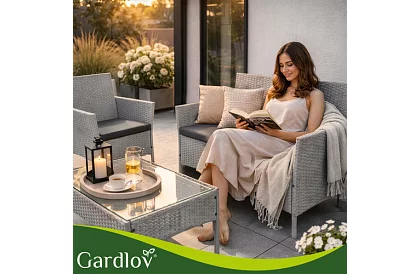 Zahradní sada nábytku – stůl, pohovka, 2 židle – šedá